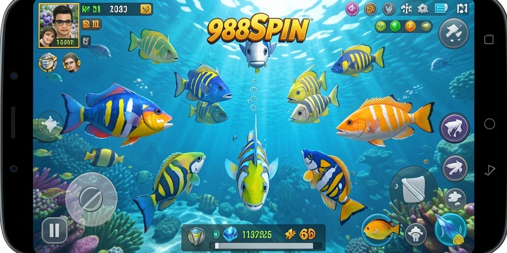 Screenshot gameplay 988SPIN menampilkan aksi menembak ikan yang seru.