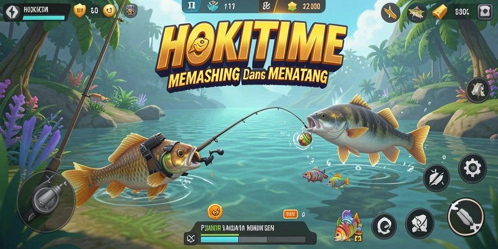 Gameplay seru HOKITIME dengan berbagai lokasi memancing yang indah.