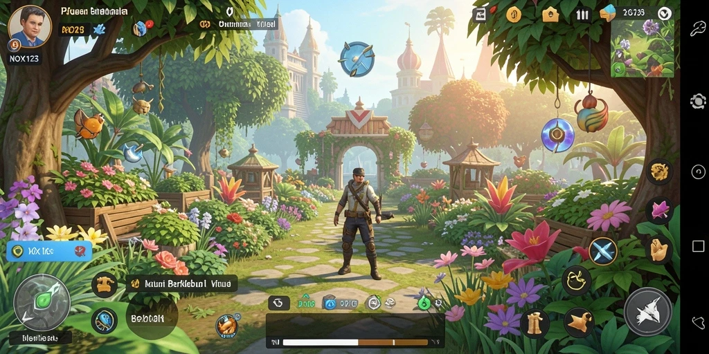 Screenshot utama NOX123 menampilkan kebun subur dengan berbagai jenis tanaman.