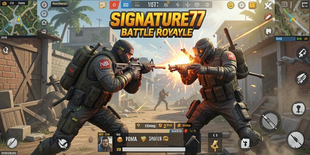Tangkapan layar utama menunjukkan aksi mendebarkan dari SIGNATURE77 dalam pertempuran Battle Royale.